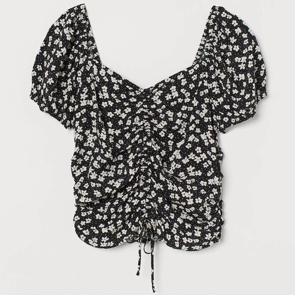 H&M Black and White Floral Ruched Tie Front Short Puff Sleeve Blouse Top - Picture 1 of 5
